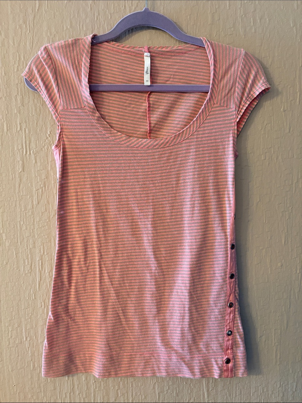 Oonagh Coral and Grey Striped Scoop-Neck Short Sleeve Tee